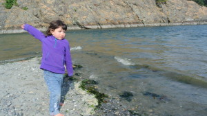 Throwing rocks into the water.