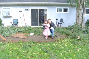 Peter and Polina on our back patio amidst the debris.